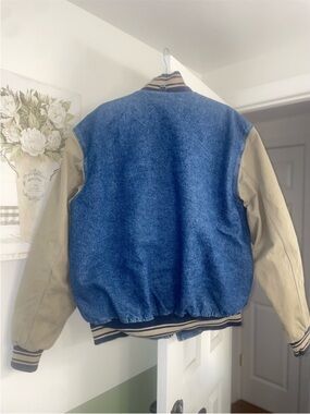 Men's carhartt vintage denim Varsity Jacket with Tan Leather Sleeves